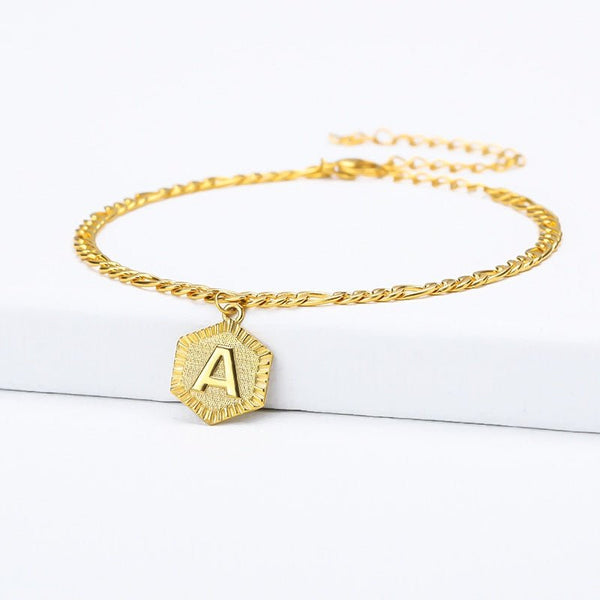 Dainty A-Z letter Anklet Hexagon Shaped Initial Ankle Bracelet Stainless Steel - Victorias Closetanklet