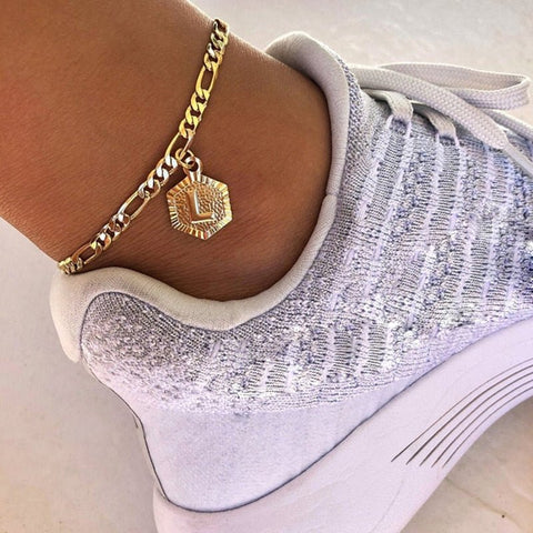 Dainty A-Z letter Anklet Hexagon Shaped Initial Ankle Bracelet Stainless Steel - Victorias Closetanklet