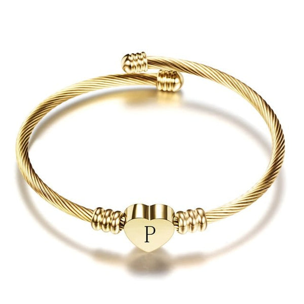 Fashion Girls Gold Color Stainless Steel Heart Bracelet Bangle With Letter Fashion Initial Alphabet Charms Bracelets For Women - Victorias Closet