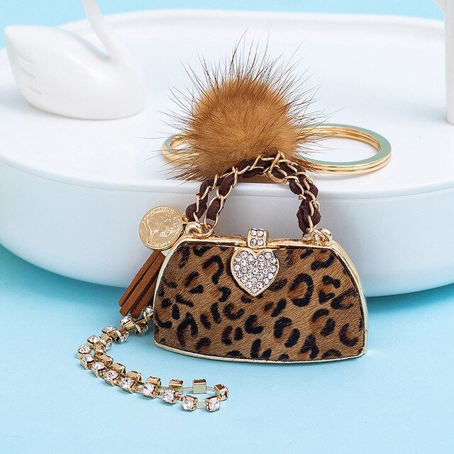 Fashion Leopard Print Mink Fur Ball Handbag Keychains Charm For Women Bag Pendant Luxury Key Rings Car Key Chain Cute Keyrings - Victorias Closet