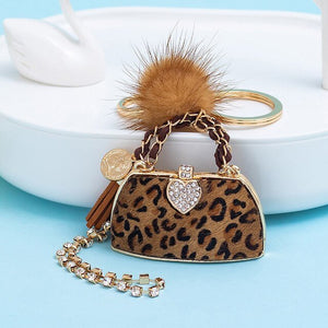 Fashion Leopard Print Mink Fur Ball Handbag Keychains Charm For Women Bag Pendant Luxury Key Rings Car Key Chain Cute Keyrings - Victorias Closet