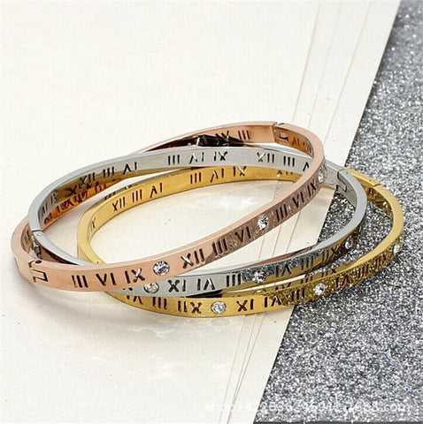 Hot Sale Fashion Titanium Steel Bangles Crystal Rose Gold White Gold Bangles Roman Numerals Women&#39;s Bracelet B013 - Victorias Closet