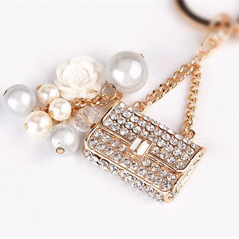 New Creative Pearl Rhinestone Handbag Design Key Chain Car Key Ring Women Bag Charm Pendant Fashion Keychains Trinket - Victorias Closet