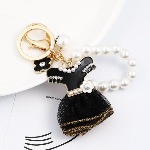 New Fashion Black Skirt Keychains Pearl Key Chains Women Bag Charm Pendant Car Key Ring Creative Dress Design Keyings Wholesale - Victorias Closet