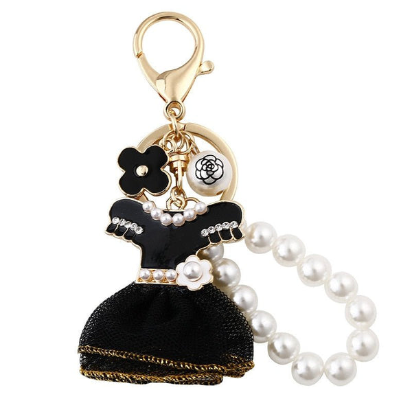 New Fashion Black Skirt Keychains Pearl Key Chains Women Bag Charm Pendant Car Key Ring Creative Dress Design Keyings Wholesale - Victorias Closet