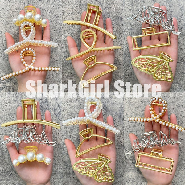 Pearl Hair Claw Set Clip for Women Gold Color Hairpins Metal Hair Accessories Geometric Hollow Pincer Barrette Crystal Clip Big - Victorias Closet0