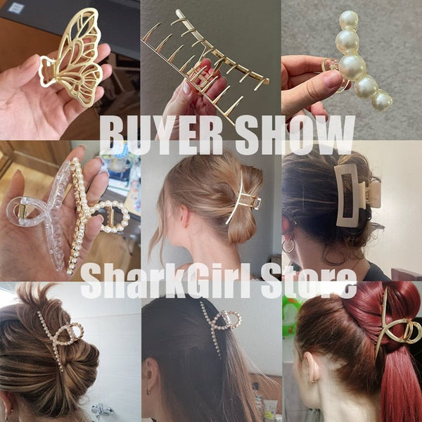 Pearl Hair Claw Set Clip for Women Gold Color Hairpins Metal Hair Accessories Geometric Hollow Pincer Barrette Crystal Clip Big - Victorias Closet0