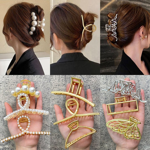 Pearl Hair Claw Set Clip for Women Gold Color Hairpins Metal Hair Accessories Geometric Hollow Pincer Barrette Crystal Clip Big - Victorias Closet0