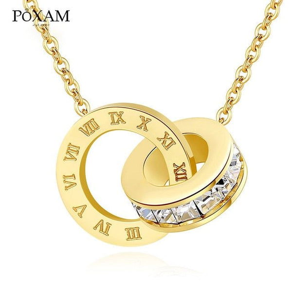 POXAM Luxury Elegant Crystal Choker Fashion Roman Digital Stainless Steel Gold Silver Color Pendant Necklaces for Women Jewelry - Victorias Closet