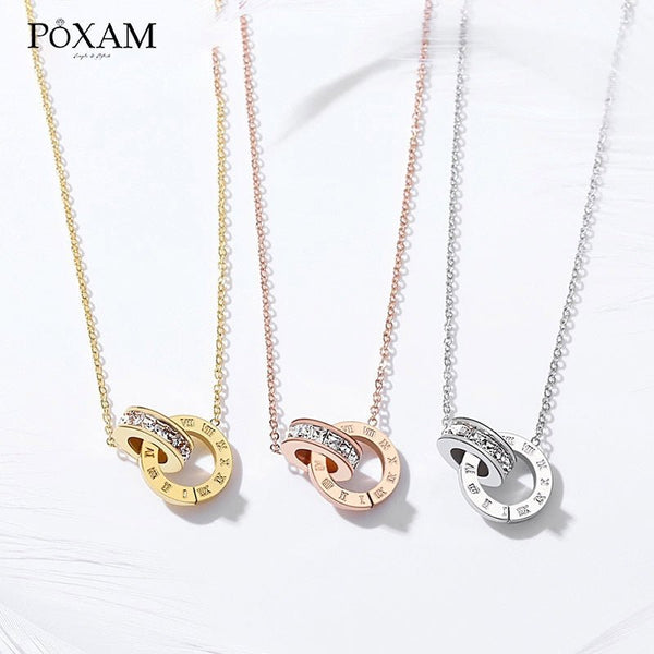 POXAM Luxury Elegant Crystal Choker Fashion Roman Digital Stainless Steel Gold Silver Color Pendant Necklaces for Women Jewelry - Victorias Closet
