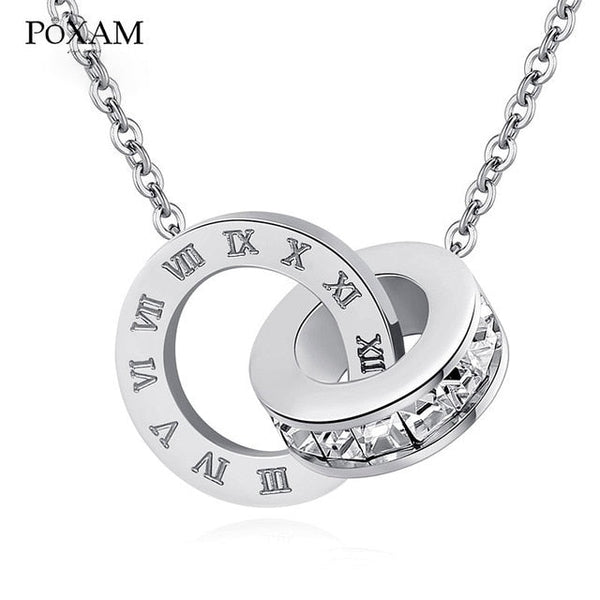 POXAM Luxury Elegant Crystal Choker Fashion Roman Digital Stainless Steel Gold Silver Color Pendant Necklaces for Women Jewelry - Victorias Closet