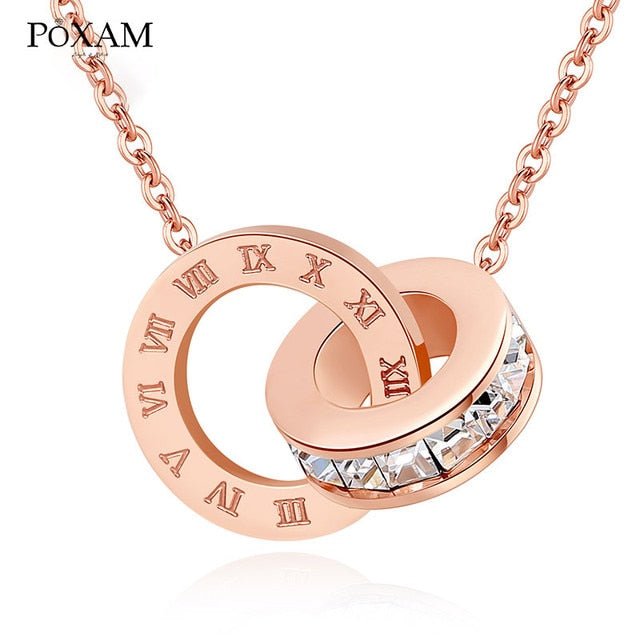 POXAM Luxury Elegant Crystal Choker Fashion Roman Digital Stainless Steel Gold Silver Color Pendant Necklaces for Women Jewelry - Victorias Closet